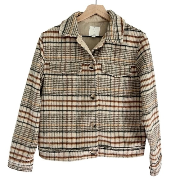 Joie Wool Women’s Button Front Pockets Plaid Jacket Shacket Tan Brown Size Small - Picture 2 of 9